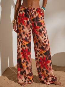 Opulessa Women's Floral Print Drawstring Waist Pockets Casual Pants - Brown - View 7