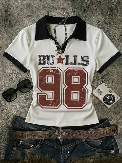 Attitoon Casual Minimalist Sports Street Versatile Party Airport Outfit, Distressed Vintage Numeric & Letter Graphic, Music Festival Outfit, Women's Summer Outfit, Polo Collar Cinched Ruched Women's T-Shirt