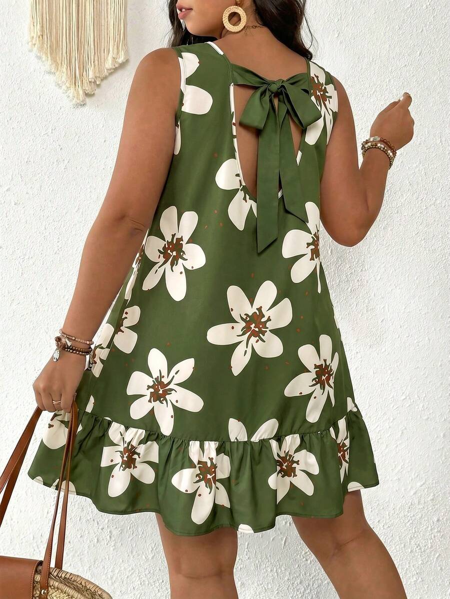 SHEIN Frenchy Plus Size Floral Print Sleeveless Casual Dress Casual Vacation Going Out Floral Print Dress For Women - Green - View 1