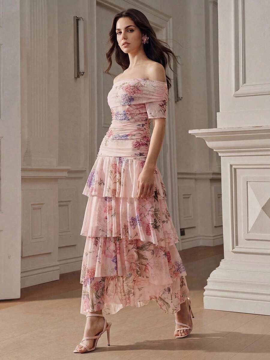 Anewsta 女士优雅刺绣短袖露肩碎花连衣裙 - 粉色 - 查看 1