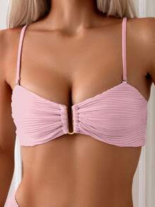 SHEIN Swim 女士纯色泳装套装，适合度假和海滩穿着 - 粉色 - 查看 4