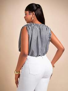 Brilight Women's Black And White Checkered Plaid Summer Casual Picnic Vintage Round Neck Loose Fit Blouse,Large Size Shirt,Beachwear Music Festival Vacation - Black - View 2
