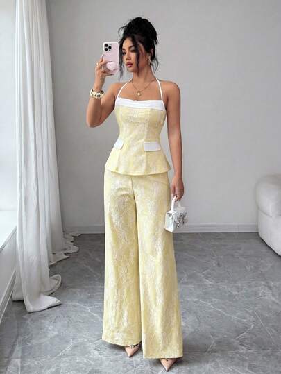 Elenzga Bộ đồ 2 món dành cho nữ, thanh lịch, lãng mạn, gợi cảm: áo hai dây ren và quần dài.