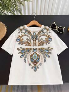 GlowEve Áo kiểu nữ 5 tay cổ tròn tay cánh hoa thêu giả họa tiết, dáng rộng thanh lịch lãng mạn, màu trắng - Nhiều màu - Xem 5