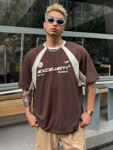 DAZY 男士夏季字母印花圆领超大短袖休闲T恤返校季图案T恤 - 棕色 - 查看 5