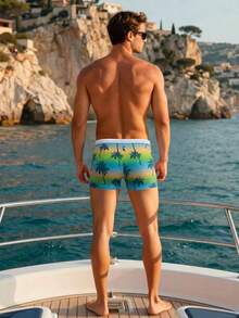 Manfinity KASUA Bóxer para hombre con cintura de cordón y estampado de palmeras, adecuado para vacaciones de verano y playa, días festivos - Multicolor - Ver 2
