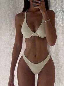 Swim Basics 女士夏季沙滩纯色吊带系带性感比基尼和三角泳裤套装 - 杏色 - 查看 4