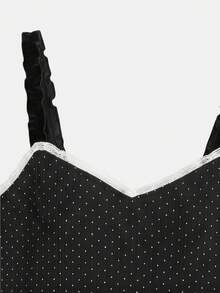lacRébo Bodysuit Rajut Polkadot Hitam, Garis Leher Berbentuk Hati, Desain Tali Bahu Berkerut, Hiasan Renda, Gaya Vintage Prancis, Cocok Untuk Musim Semi Dan Musim Panas - Hitam - View 10