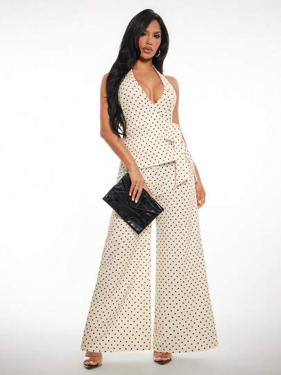 Radiana Women's Spring/Summer New Elegant Beige Polka Dot V-Neck Tie Sleeveless Tank Top + Wide Leg Jumpsuit, Basic Versatile, Retro Style Outfit, Suitable For Commuting, Office, Casual Outings, Shopping, Gatherings, Vacation, Beach, Dates