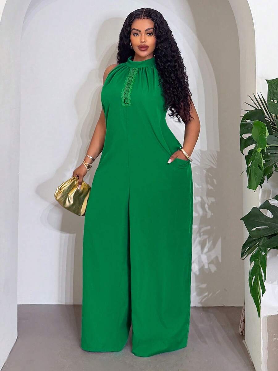 Slaydiva Bộ jumpsuit mùa hè thanh lịch dành cho nữ, màu xanh lá cây, cổ yếm, khoét eo, dáng rộng, kiểu harem, trang phục thường ngày năng động, đi nghỉ mát, phong cách đường phố thời thượng dành cho phái nữ. - màu xanh lá - Xem 1