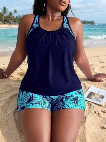 Swim Lushoire Plus Size Women Random Print Tankini Swimwear With Tummy Control