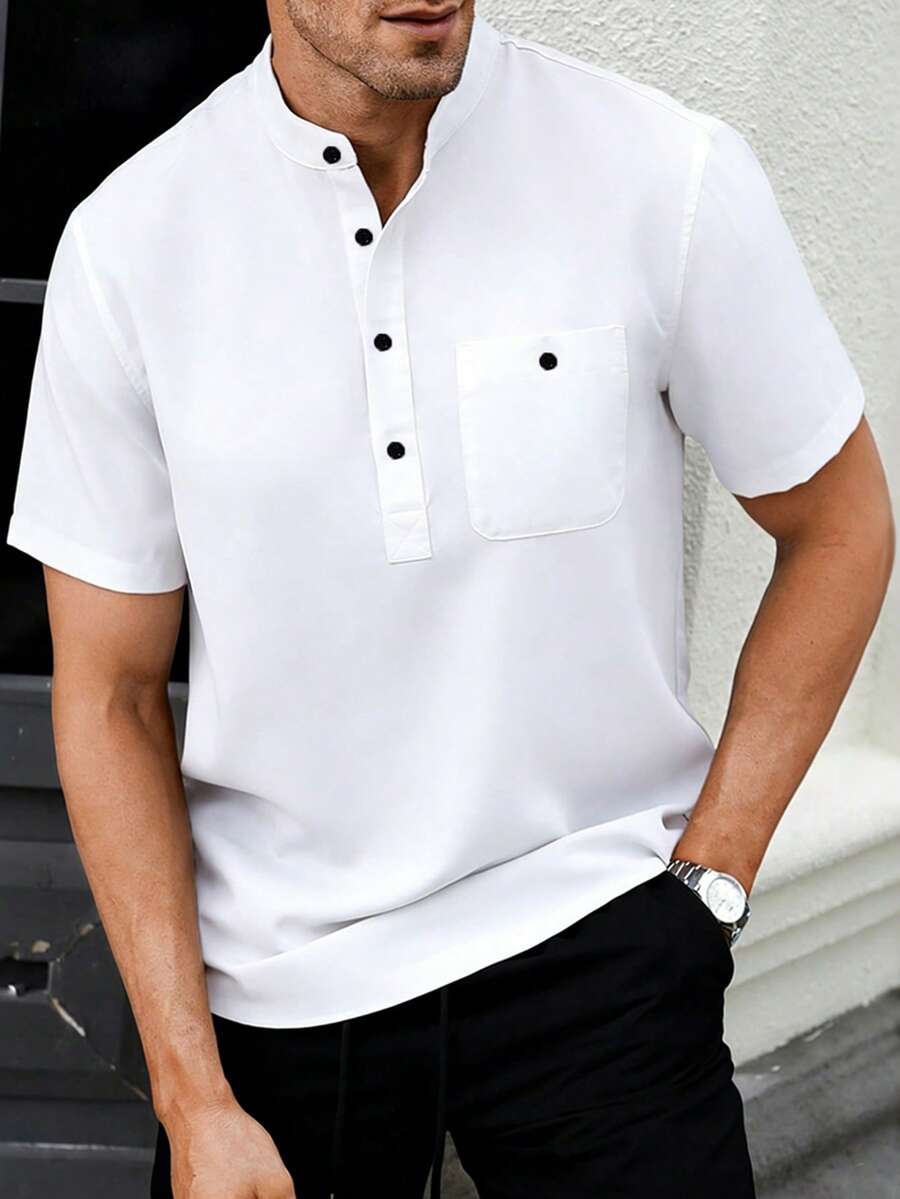 Manfinity CasualCool White Polyester Regular Fit Stand Collar Shirt For Men Business Casual Wear With Pocket - White - View 1