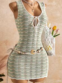Swim Vcay Women's Fashion Versatile Vacation Tie-Up Sheer Sleeveless Cover-Up Dress Beach Vacation Green Striped Summer Tropical - Multicolor - View 15