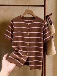 Elaquor Plus Size Colorblock Striped Short Sleeve Knit Top - Brown - View 8