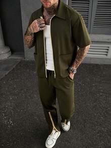Manfinity CasualCool 男士拉链前袋短袖衬衫和拉链下摆开衩裤套装 - 軍綠色 - 查看 3
