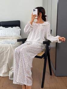 DAZY Sweet Ditsy Floral Ruffle Trim Women Pajama Set - White - View 4