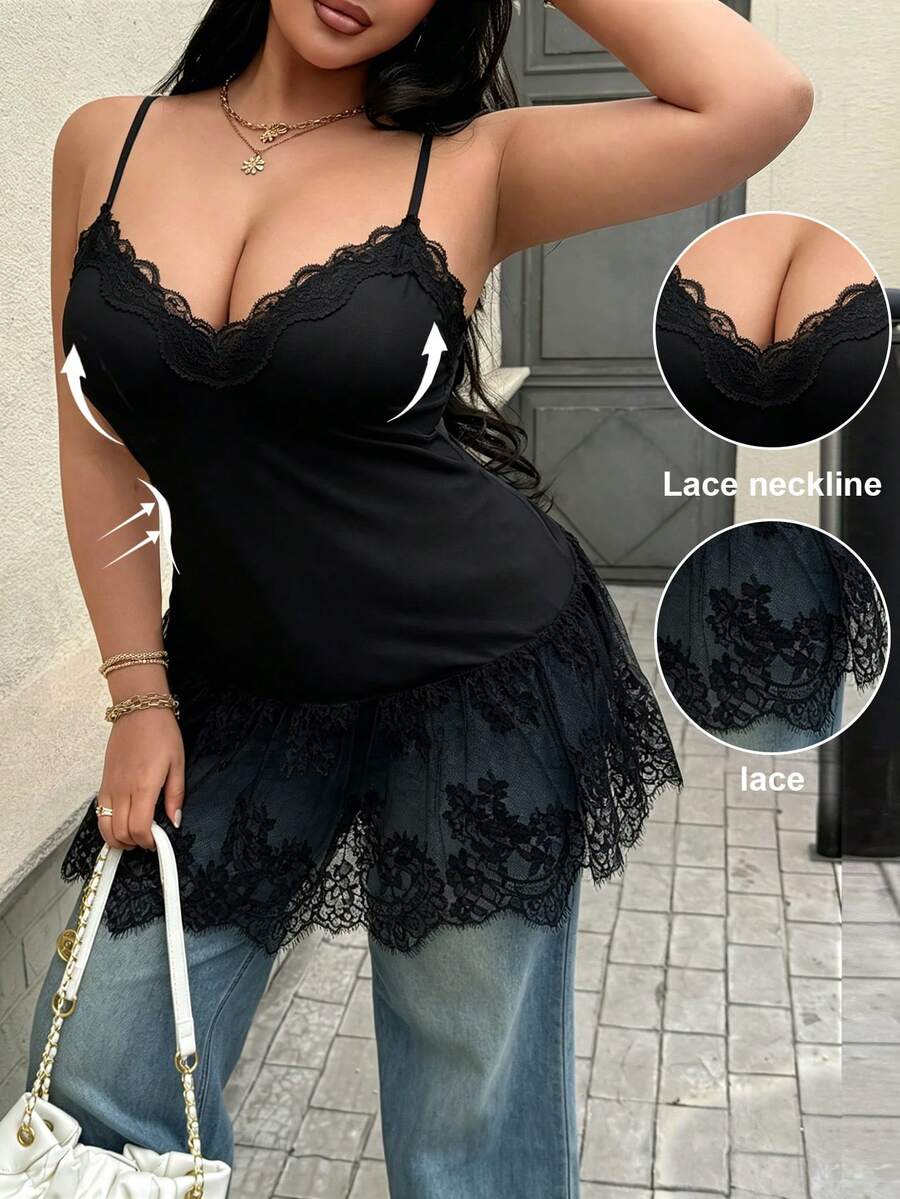 Easura 大码女式蕾丝拼接纯色休闲吊带背心 - 黑色 - 查看 1