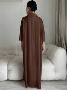 Yasmyna 女士优雅水钻装饰传统阿拉伯长裙 - 咖啡棕 - 查看 2