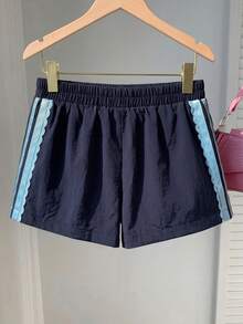 Comfortcana Quần short nữ dáng rộng, cạp chun, phối màu tương phản, chất liệu ren, thích hợp mặc mùa hè. - Màu xanh hải quân - Xem 2
