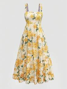 Ceyna Plus Size Women Floral Print Ruffle Hem Spaghetti Strap Adjustable Bust A-Line Dress Maxi Women Outfit - Multicolor - View 4