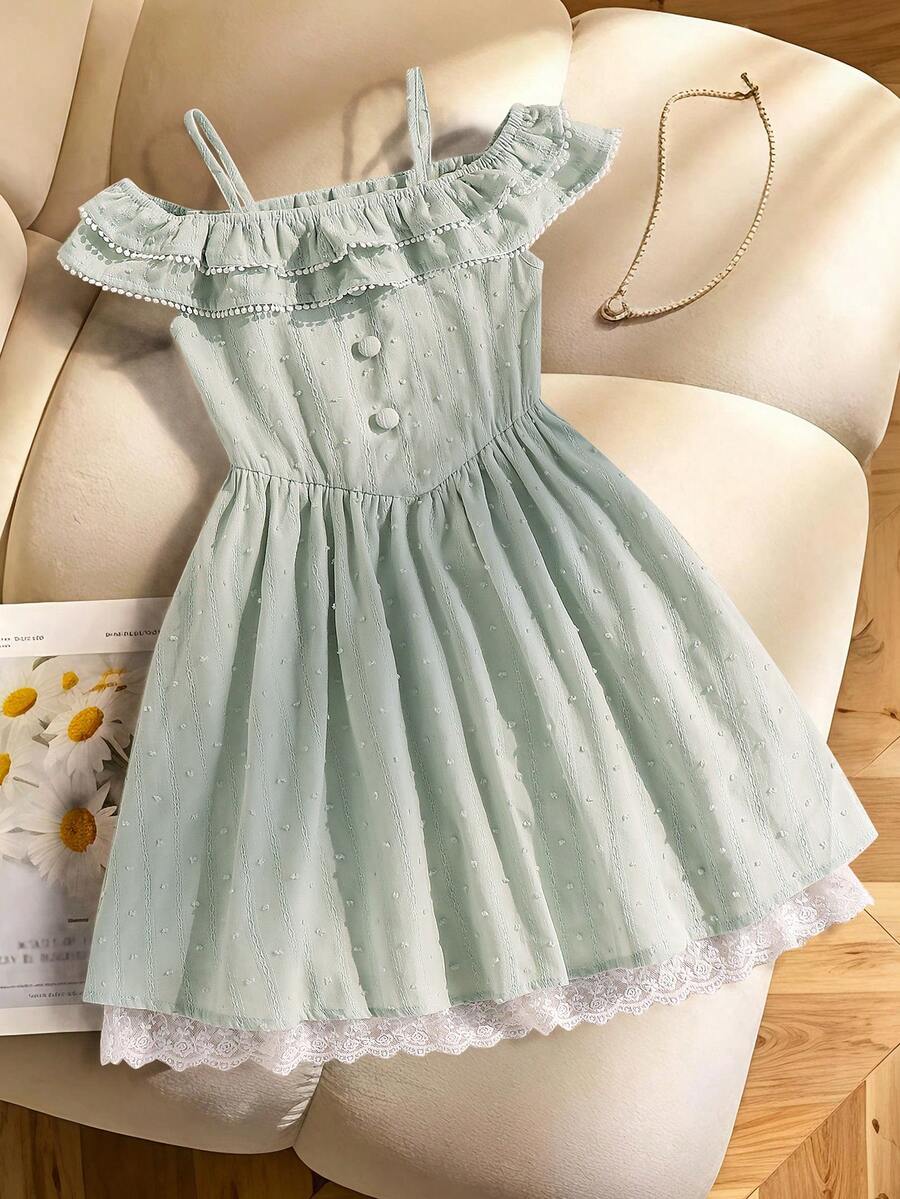 Genkimix Kids Young Girl Ruffled Cold Shoulder Elegant Fairy Princess Dress Design 7th Birthday 1st Birthday White Summer - Green - View 1