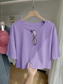 Comfortcana Purple Solid Color Dropped Shoulder Casual Plus Size T-Shirt - Purple - View 1