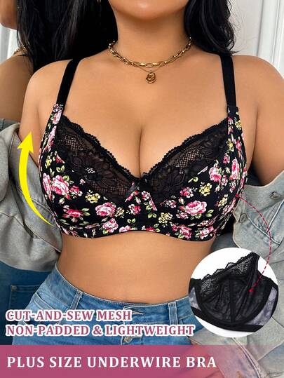 Women Plus Size Floral Print Ultra-Thin Breathable Bra Bow Knot Decorated Floral Embroidered Scallop Sexy Splice Minimizer Underwire Steel Ring Instantlift Bra