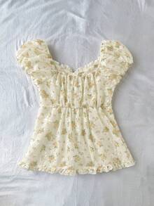 SHEIN 少女不对称肩部针织印花休闲时尚套头衫，可搭配亲子装 - 黃色 - 查看 2