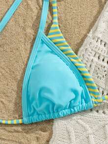Swim Mod 2026 Spring/Summer New Fashion Blue Solid Color Casual Sequin Tropical Backless Halter Bikini 2-Piece Swimwear Set Beach Vacation - Mint Blue - View 5