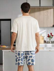 CoupledUp Men's Cartoon Print Round Neck Casual Short Sleeve Shorts Pajama Set - Apricot - View 4