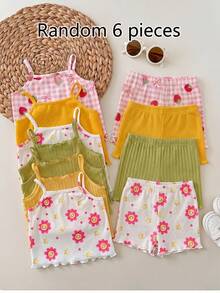 LMoss Kids 6pcs/Set Baby Girl Casual Minimalist Knit Cute Print Camisole Top And Shorts Set - Multicolor - View 5