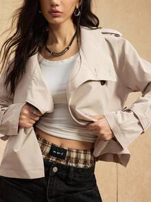 Easelle Vintage French Elegant Nomadic High Collar Cinched Waist Button Up Women Trench Coat Belted Outerwear Jackets In Autumn Teachers' Day Office Beige - Apricot - View 3