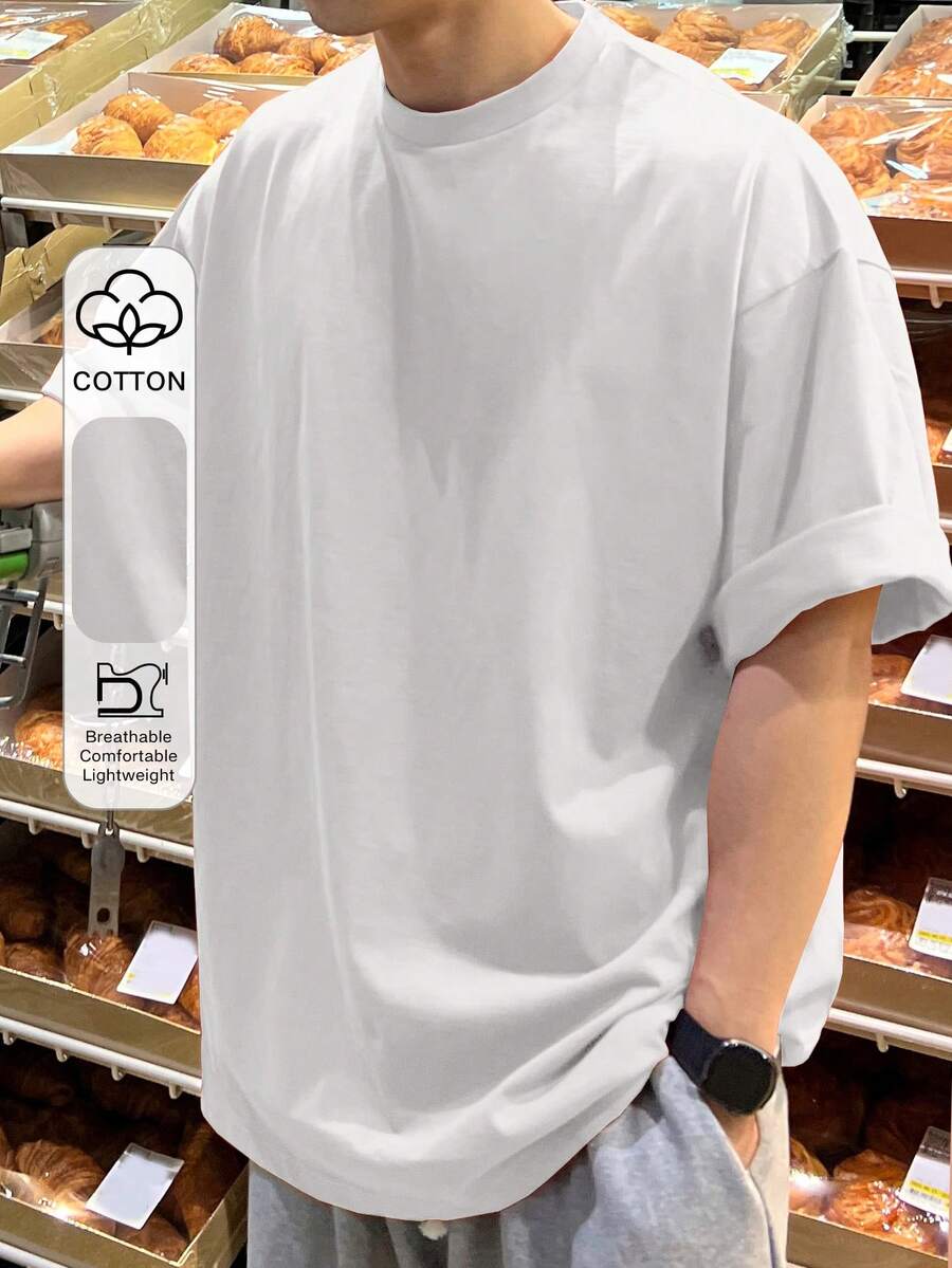 DAZY Men Cotton Solid Drop Shoulder Plain T Shirt - White - View 1