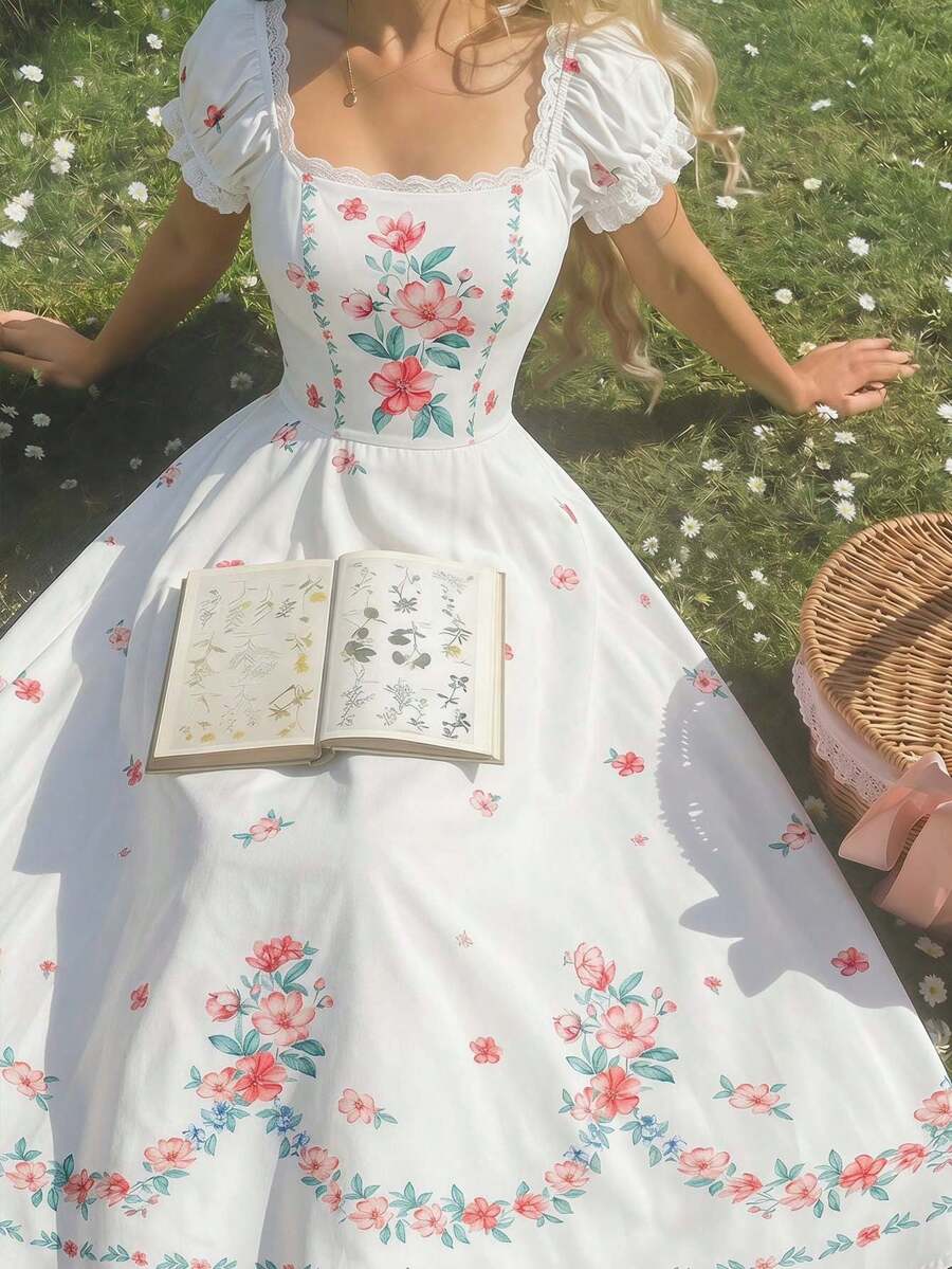 SHEIN MOD Women's Elegant Floral Print Square Neck Puff Sleeve Midi Dress,White And Pink Summer Casual French Style Picnic Tea Party Mid-Length Chic Dresses - Multicolor - View 1