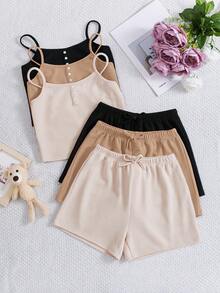 SHEIN 3件/6件套少女休闲纯色吊带背心+短裤套装 - 卡其色 - 查看 4