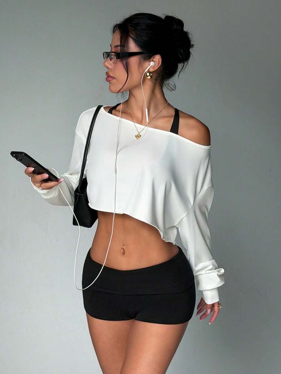 Easithlete Áo sweatshirt nữ dáng casual nhẹ, thiết kế bất đối xứng vai, gợi cảm và tối giản, thích hợp cho mùa xuân/hè. - trắng - Xem 1