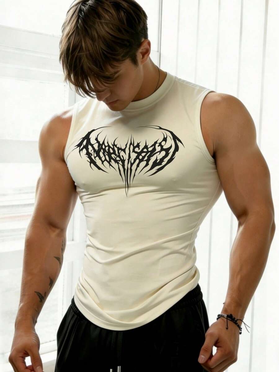 GymBeat Men's Printed Contrast Color Round Neck Sports Tank Top, For Running & Fitness - Apricot - View 1