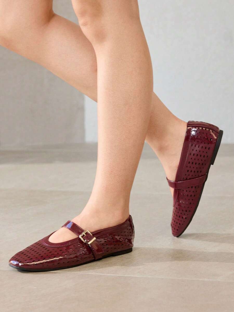 MOTF PREMIUM WOMEN'S NEW FRENCH PU LEATHER HOLLOW BUCKLE WITH ROUND HEAD FLAT SHOES, BROWN VERSATILE GENTLE ELEGANCE LIGHT AND COMFORTABLE FAIRY STYLE VACATION MARY JANE SHOES - Coffee - View 2