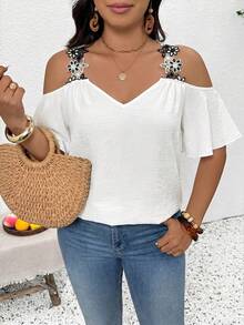 SHEIN Frenchy Plus Size Casual Lace Patchwork Off-Shoulder Blouse - White - View 7