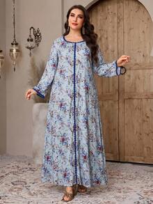 Al Najma Plus Size Women Elegant Floral Print Patchwork Belted Arabic Style Dress - Blue - View 6