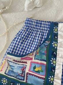 Flirla Red Plaid Fruit Pattern Sweet Patchwork Women Shorts - Blue - View 5
