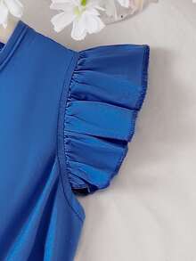 SHEIN Elladie kids Đầm tay ngắn màu xanh hải quân, kiểu dáng thanh lịch và duyên dáng dành cho phụ nữ và bé gái, trang phục mùa hè thời trang. - Màu xanh lam - Xem 4