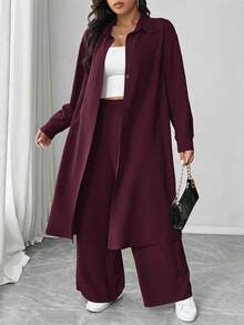 SHEIN EMERY ROSE CURVE 大码褶皱纹理面料长袖衬衫搭配宽松直筒裤两件套休闲装 - 紅色 - 查看 4
