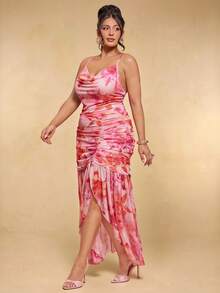 SHEIN BAE Plus Size Women's Pink Floral Floral Elegant Cami Dress,Summer Ruffle Long Party Vacation Dresses,Wedding Guest,Birthday,Graduation Ceremony Outfits - Pink - View 8