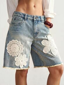 Bohemela Casual Solid Color Lace Trim Vintage Denim Shorts For Women - Blue - View 4