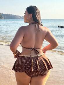 Women's 2-Piece Swimsuit Set: Polka Dot Print Spaghetti Strap Top And Contrasting Ruffle Bikini Bottom - Brown - View 2