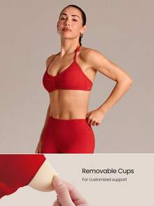 GLOWMODE FeatherFit™ Adjustable Halter Neck Backless Ruched Front Sports Bra With Removable Anti-Slip Cups Yoga Studio Pilates Daily Wear - Red - View 5