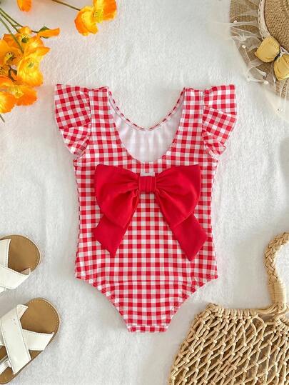 SHEIN Baby Girl Fitted Casual Minimalist Comfortable Round Neck Red & White Plaid Backside Big Bow Decor One-Piece Swimsuit