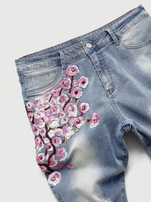 ROMWE MEN Quần jean denim nam xếp lớp, rách rưới, thêu hoa. - Màu xanh lam - Xem 2