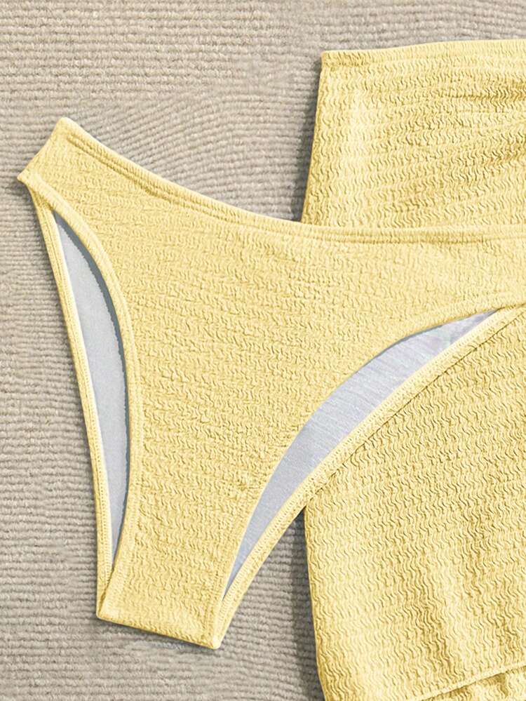 Soleia Bộ bikini 3 món dành cho nữ, thích hợp cho kỳ nghỉ hè ở bãi biển, họa tiết sao biển kim loại, kèm váy che ngoài. - Màu vàng - Xem 4
